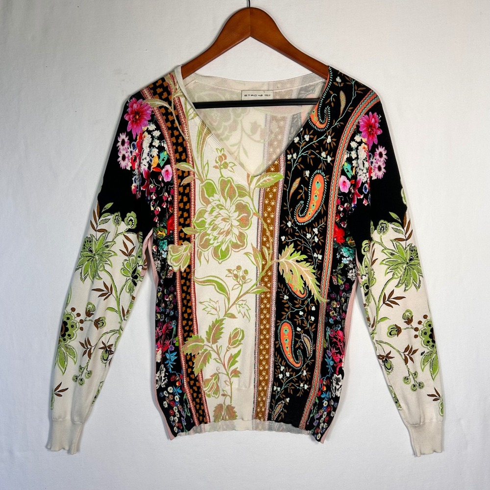 Etro Milano Silk Blend Floral Paisley V-Neck Sweater Made in Italy Size 42